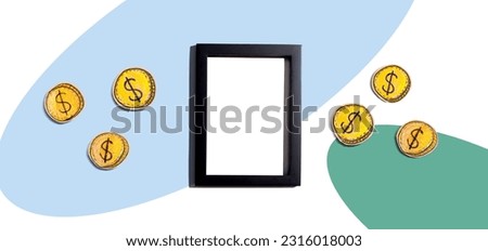 Blank photo frame with coins - earn online - work from home themes