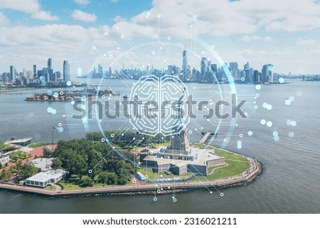 Aerial panoramic helicopter city view of Lower Manhattan, Downtown, New York, New Jersey, Statue of Liberty. Artificial Intelligence concept, hologram. AI, machine learning, neural network, robotics Royalty-Free Stock Photo #2316021211