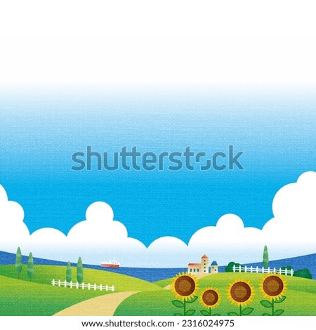 Illustration of sunflower field and sky. Clip art of summer scenery.