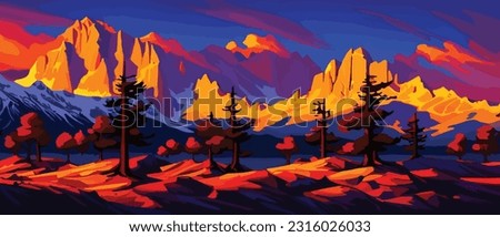 Vector autumn horizontal landscape with fog, forest, spruce, fir and morning sunlight. Autumn season Silhouette, fog and mountains panoramic view illustration.