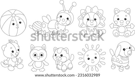 Toy baby animal characters Kawaii with a cute little caterpillar, lion, kittens, owlet, sun and puppy, set of black and white outline vector cartoon illustrations for a coloring book