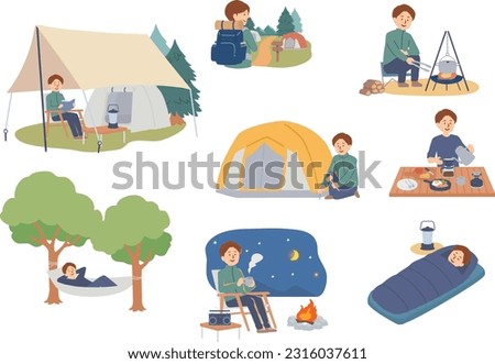 Clip art set of man enjoying solo camping