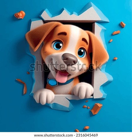 Cartoon character puppy 3d illustration for children. Cute fairytale dog print for clothes, stationery, books, merchandise. Toy puppy 3D character banner, background. Cartoon character 3d dog.