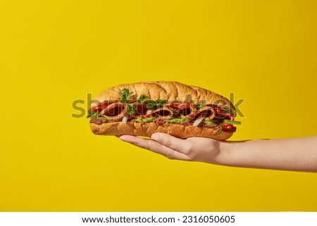 In the woman's hand is a Vietnamese bread filled with meat, rolls and pate served with vegetable on a yellow background. Advertising photo, Vietnamese street food. Front view, copy space Royalty-Free Stock Photo #2316050605