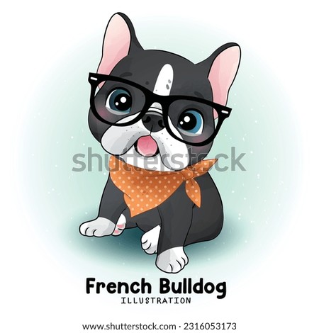 Cute French Bulldog with watercolor illustration