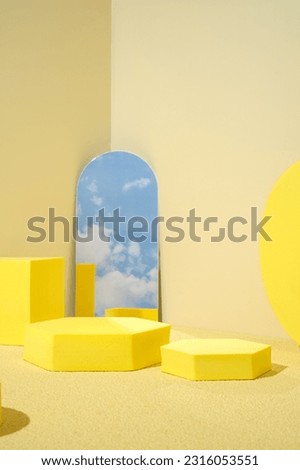 Yellow pedestal product display background with modern geometric block and mirror sky in sunshine light with summer feel