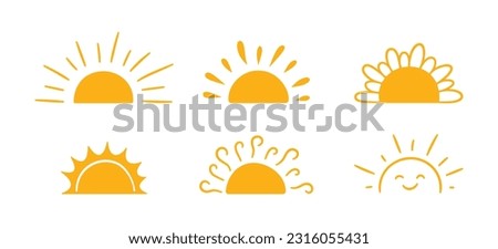 Yellow half sun icons set in doodle style. Hand drawn sunset simple graphic symbols. Summer heat icons. Half round solar element. Vector illustration isolated on white background.