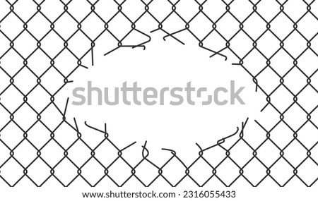 Broken wire mesh fence. Rabitz or chain link fence with cut hole. Torn wire pirson mesh texture. Cut metal lattice grid. Vector illustration isolated on white background. Royalty-Free Stock Photo #2316055433
