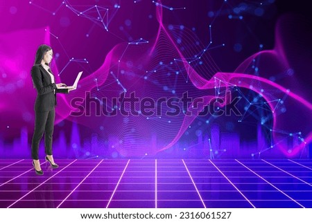 Side view of attractive businesswoman with laptop on creative glowing purple metaverse space background. Abstract world and innovation concept