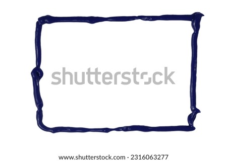 Navy blue rectangular frame made of paint squeezed from a tube. Rectangle on a white background. Rounded irregular line.