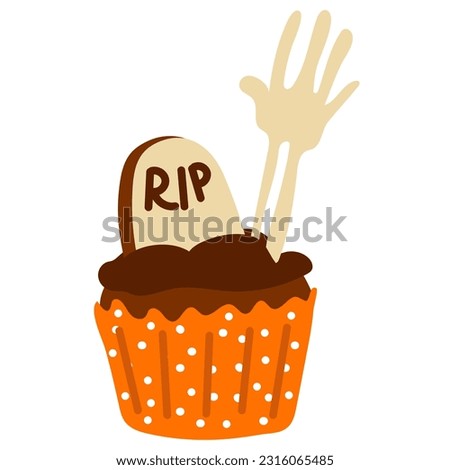 Vector cartoon cupcake with cream and grave and hand decor. Cartoon Halloween theme for kids. Funny autumn cartoon dessert for Halloween. Drawing for postcards, party invitations