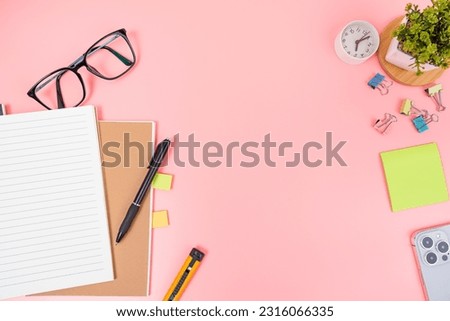 Styled stock photography Pink office desk table Top view with copy space. Flat lay.