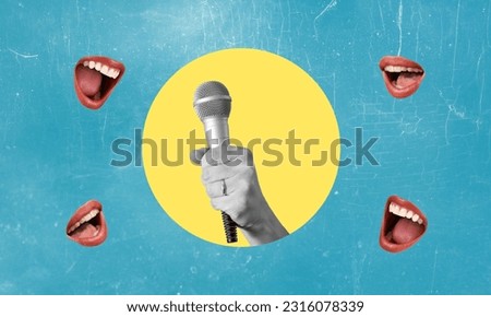 Creative abstract template collage female lips talking into a microphone on a blue background. News concept or a group of female singers.
