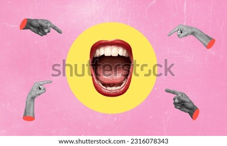 Fashionable abstract collage in magazine style. A woman's screaming mouth and fingers around on a pink background. Modern cover design. Royalty-Free Stock Photo #2316078343