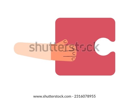 Jigsaw puzzle holding semi flat colorful vector hand. Problem solving. Education leisure. Puzzle game. Attach piece. Editable element on white. Simple cartoon spot illustration for web graphic design