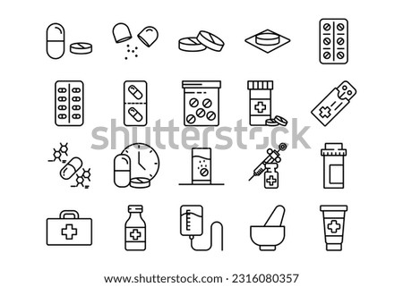 Medicine lines icon set. Medicine genres and attributes. Linear design. Lines with editable stroke. Isolated vector icons. Royalty-Free Stock Photo #2316080357
