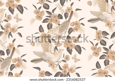 Light delicate background. Birds on branches, butterflies, dragonfly. Flowers and leaves of Blossoming tree. Floral seamless pattern. Spring Vector illustration. Vintage. Template for wallpaper, paper