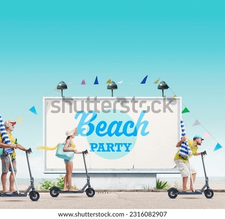 Happy tourists at the seaside, they are riding e-scooters and going to the beach party, large billboard with copy space in the background