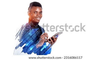Smiling black businessman working with tablet, portrait and double exposure with digital city wireframe and growing arrow lines on copy space background. Concept of network and technologies
