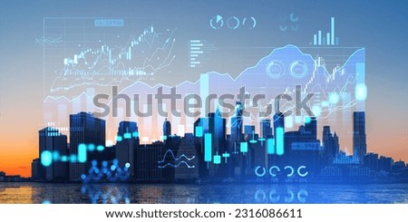 View of evening New York city skyline with double exposure of digital financial diagrams. Concept of stock market investment and trading software icons