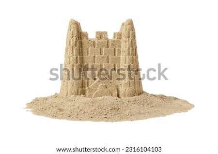 Pile of sand with beautiful castle isolated on white Royalty-Free Stock Photo #2316104103