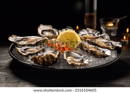 Platter of fresh oysters on a bed of ice. Oysters with lemon and sauce. Several oysters on a tray with caviar. Food in a restaurant. A bowl of oysters with caviar.  Royalty-Free Stock Photo #2316104605