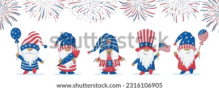 Patriotic Gnome set in Red and Blue and fireworks. Scandinavian Nordic Gnomes to celebrate 4th of July Day. For greeting card, invitation, t shirt print, web design. Vector cartoon illustration.