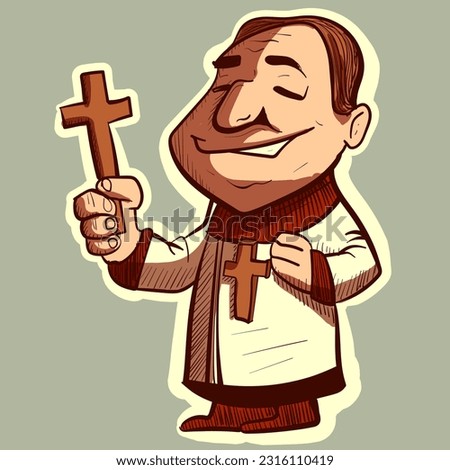 Digital illustration of a catholic priest holding a crucifix in his hand. Vector of an exorcist or pastor, cartoon character. Royalty-Free Stock Photo #2316110419
