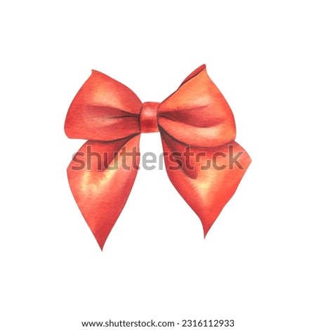 Red satin bow for decoration and decor, for hair. Watercolor illustration, hand drawn. Isolated object on a white background.