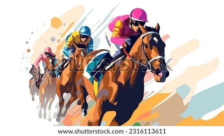 Horse racing tournament flat style colorful vector illustration with 3 jockeys sprinting with horses. Royalty-Free Stock Photo #2316113611