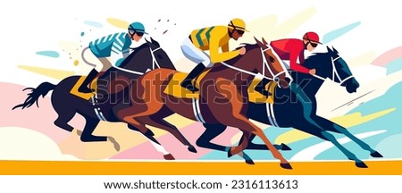 Horse racing tournament flat style colorful vector illustration with 3 jockeys sprinting with horses.