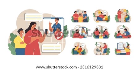 Joint parenting set. Divorced spouses raising a child together. Joint physical custody and close relationships with both parents after a family separation. Flat vector illustration