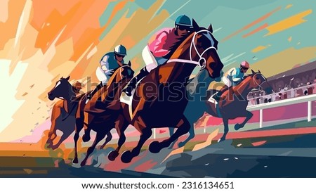 Jockeys sprinting on horses, perspective view flat style colorful vector illustration. Royalty-Free Stock Photo #2316134651