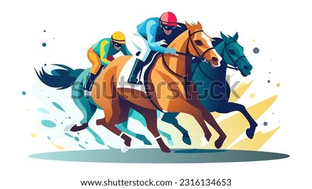 Horse racers sprinting on a fast speed, flat style colorful vector illustration, isolated on white.