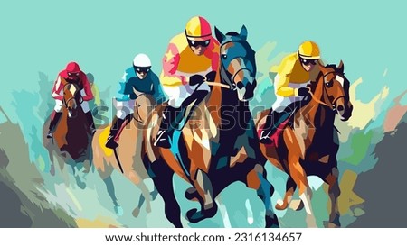 Horse racing poster, with sprinting horses and jockeys, flat style colorful vector illustration. Royalty-Free Stock Photo #2316134657