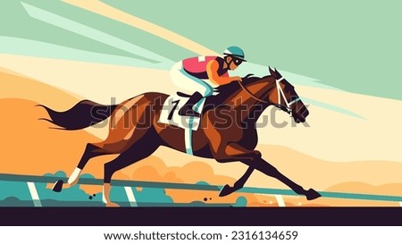 Jockey sprinting with a racehorse on a horse racing trak, flat style colorful vector illustration.