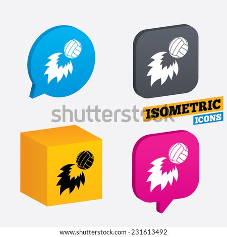 Volleyball fireball sign icon. Beach sport symbol. Isometric speech bubbles and cube. Rotated icons with edges. Vector