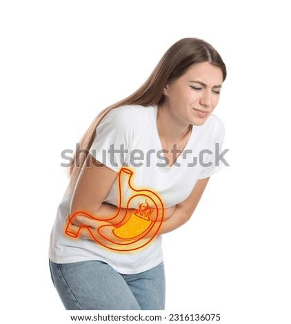 Woman suffering from heartburn on white background. Stomach with lava symbolizing acid indigestion, illustration Royalty-Free Stock Photo #2316136075