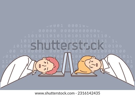 Victims of hackers attack put heads on keyboard after hacking server and losing critical data. Man and woman became victims of hackers or ransomware and gave up after long resistance. Royalty-Free Stock Photo #2316142435
