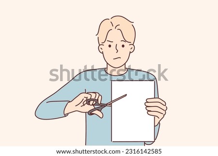 Man with scissors cuts sheet of paper for concept of breaking contract and destroying document in protest. Disgruntled guy destroys contract by not agreeing to terms prescribed in legal document
