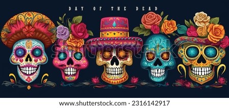 Dead day party, sugar skull or halloween holiday. Traditional mexican music festival, fun bright dance vector characters. Halloween Dia De Los Muertos Celebration. Royalty-Free Stock Photo #2316142917