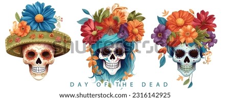 Dead day party, sugar skull or halloween holiday. Traditional mexican music festival, fun bright dance vector characters. Halloween Dia De Los Muertos Celebration. Royalty-Free Stock Photo #2316142925