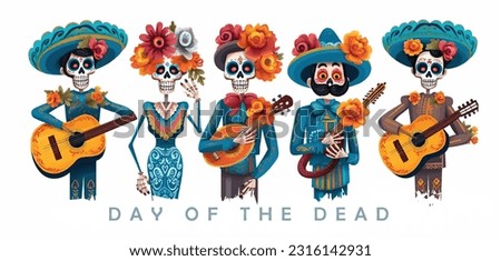 Dead day party, sugar skull or halloween holiday. Traditional mexican music festival, fun bright dance vector characters. Halloween Dia De Los Muertos Celebration. Royalty-Free Stock Photo #2316142931