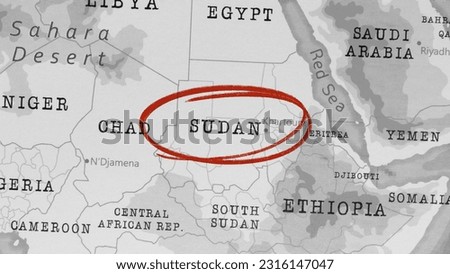 Sudan marked with Red Circle on Black-and-White Map. Royalty-Free Stock Photo #2316147047