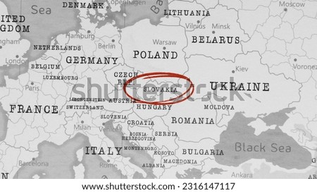 Slovakia marked with Red Circle on Black-and-White Map.