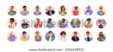 Modern men, circle avatars set. Male characters faces, head portraits. Different fashion trendy guys, cool creative user profiles. Flat graphic vector illustrations isolated on white background