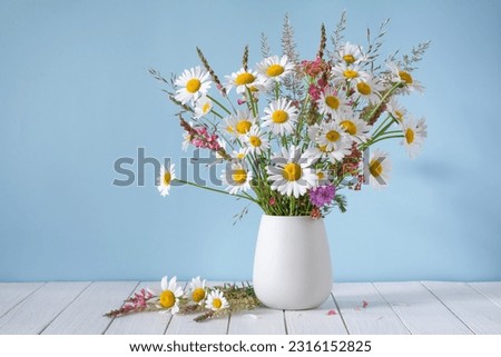 A bouquet of white daisies and other wildflowers in a white vase on a blue background
