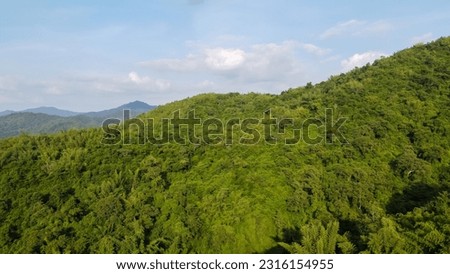 Aerial view of mountains filled with green forests and blue sky background,  mountain tops in the background.