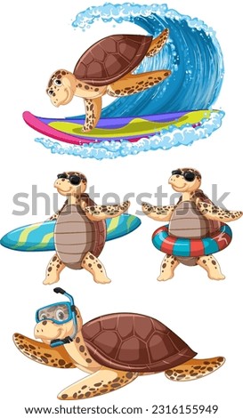 Sea Turtle Cartoon Characters in Summer Theme illustration