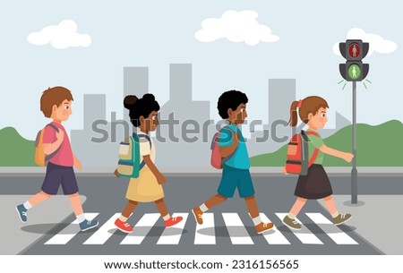Kids students with backpack walking crossing road near traffic light on zebra crossing on the way to school